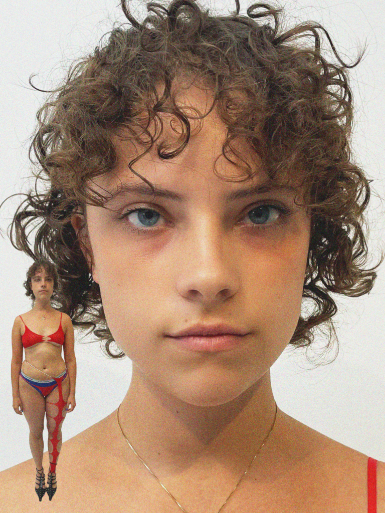 A young woman with curly hair and two different bathing suits.