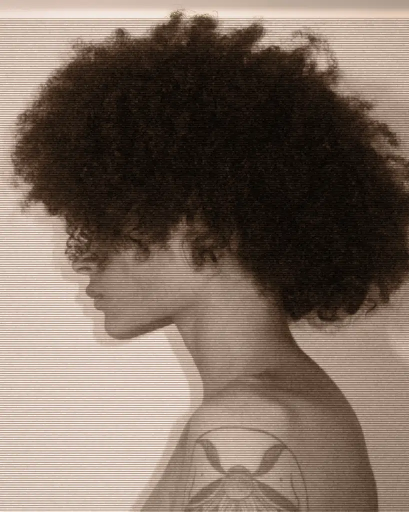 A woman with very large hair in the shape of a head.