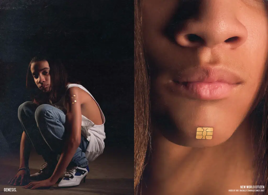 A girl squatting on the ground and a woman with a gold earring.