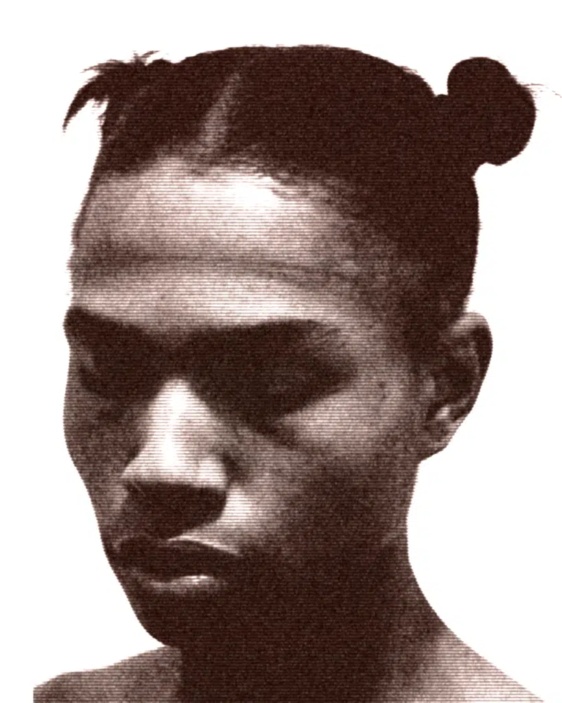 A man with two buns is looking at the camera.