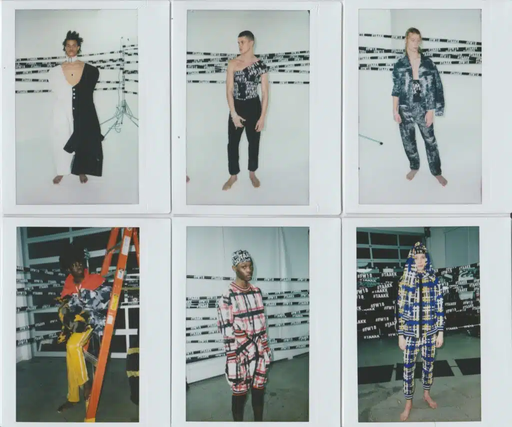 A series of six polaroids of people in different outfits.