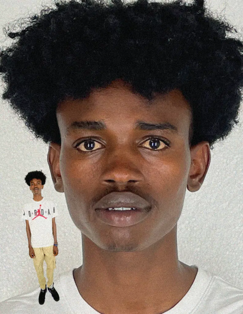 A man with a black afro and a boy in white shirt