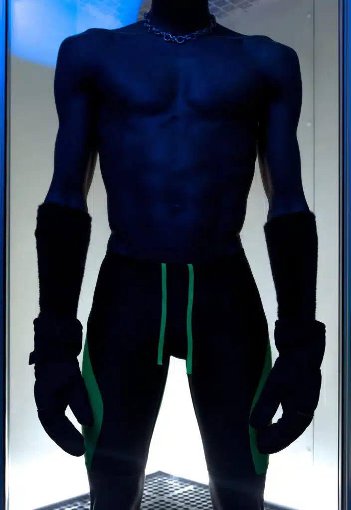 A man in blue and green underwear standing next to a wall.