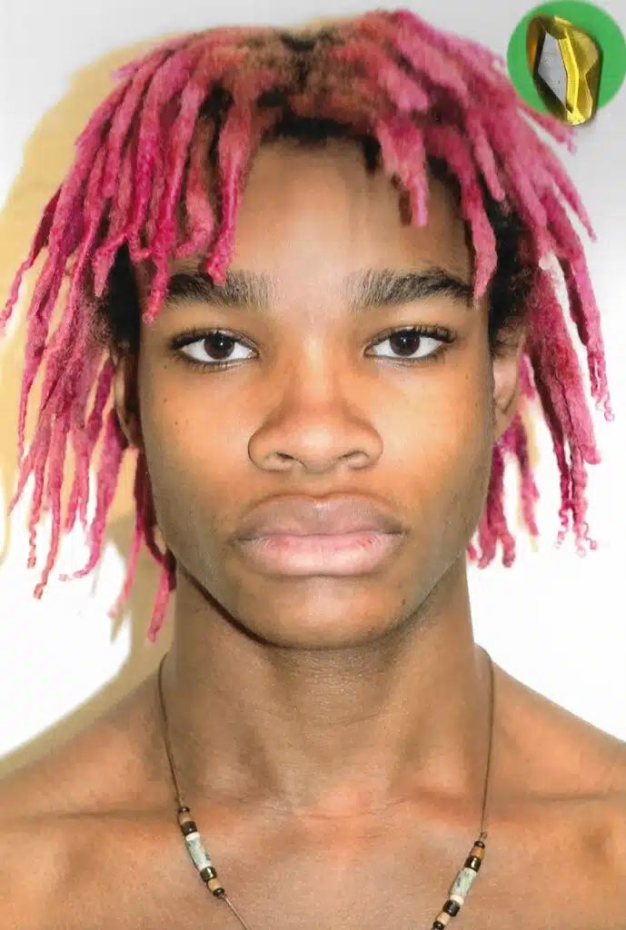 A man with pink dreadlocks and no shirt.