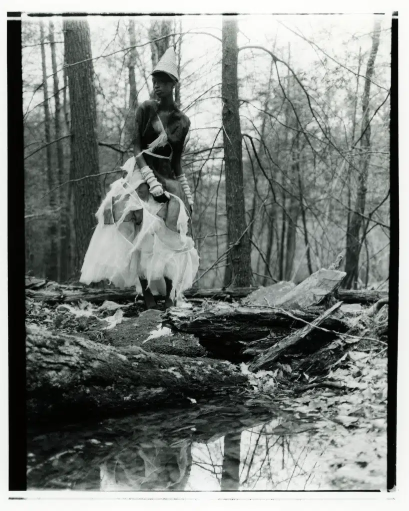 A man standing on top of a tree trunk.