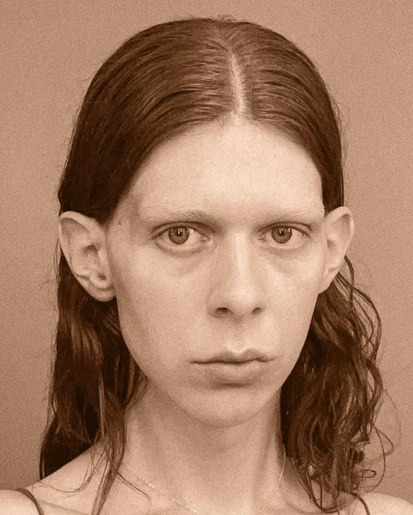 A woman with long hair and a shaved head.