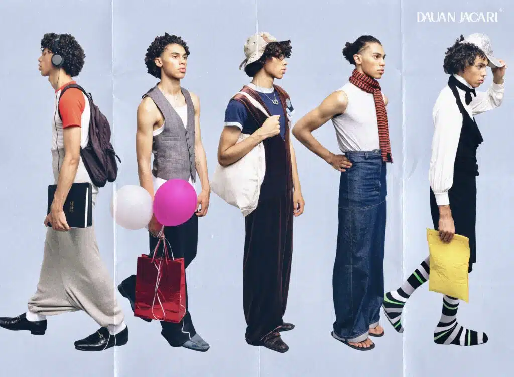 A series of people standing in different outfits.